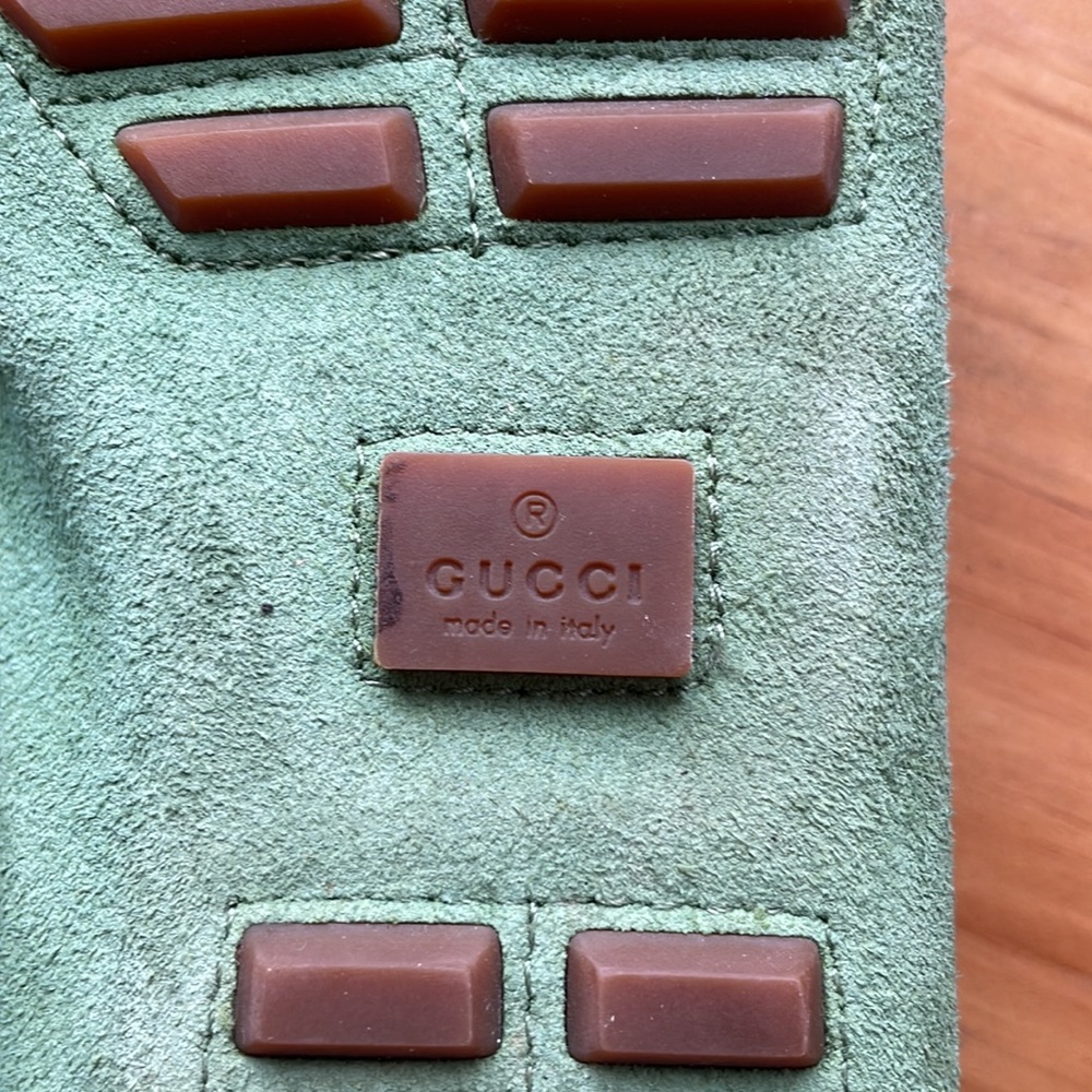 Gucci Green Suede Horsebit Moccasins with Pink Accent - Picture 5 of 7